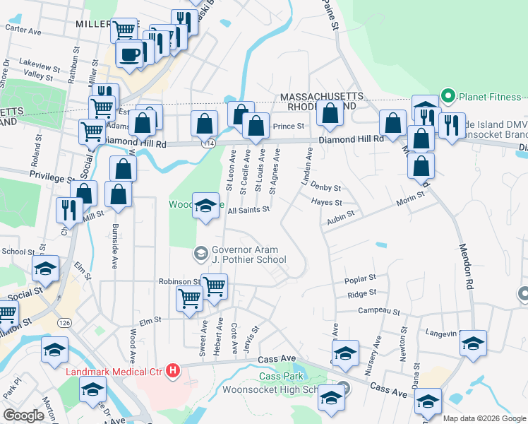map of restaurants, bars, coffee shops, grocery stores, and more near 121 All Saints St in Woonsocket