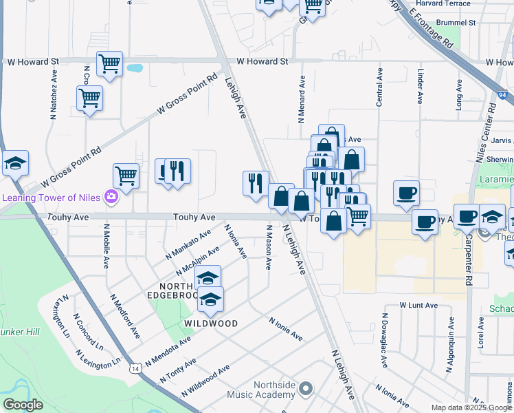 map of restaurants, bars, coffee shops, grocery stores, and more near 5954 West Touhy Avenue in Niles