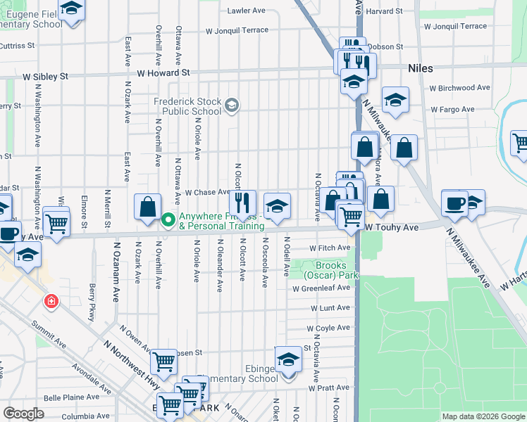 map of restaurants, bars, coffee shops, grocery stores, and more near 7214 North Osceola Avenue in Chicago