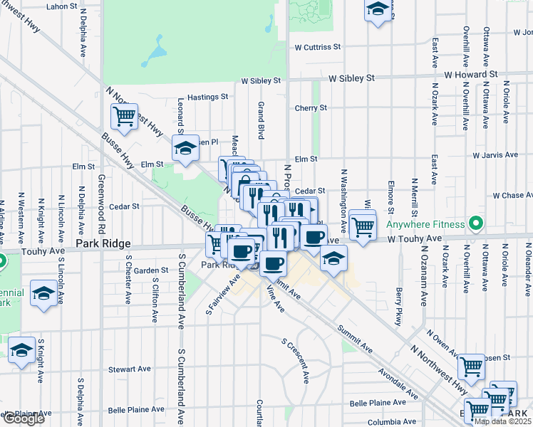 map of restaurants, bars, coffee shops, grocery stores, and more near 115 North Northwest Highway in Park Ridge