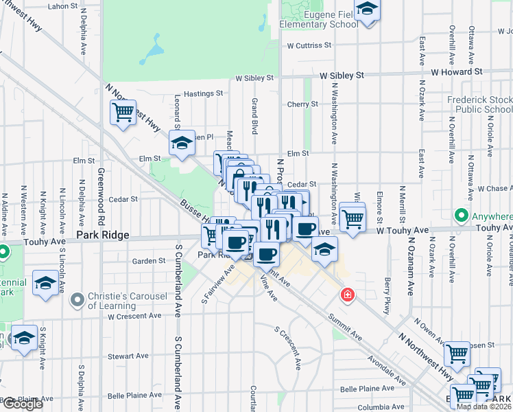 map of restaurants, bars, coffee shops, grocery stores, and more near 115 North Northwest Highway in Park Ridge