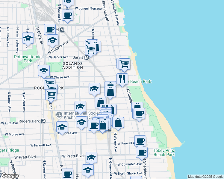 map of restaurants, bars, coffee shops, grocery stores, and more near 7107 North Glenwood Avenue in Chicago