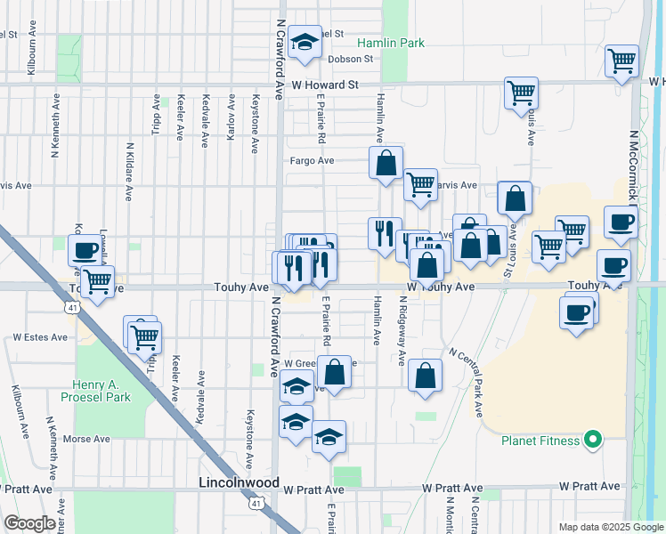 map of restaurants, bars, coffee shops, grocery stores, and more near 7203 East Prairie Road in Lincolnwood