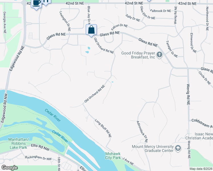 map of restaurants, bars, coffee shops, grocery stores, and more near 3018 Old Orchard Road Northeast in Cedar Rapids