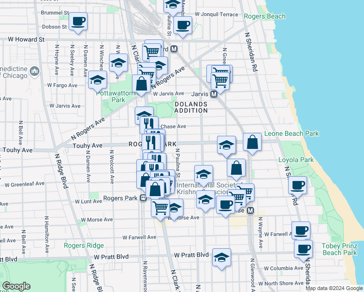 map of restaurants, bars, coffee shops, grocery stores, and more near 1641 West Touhy Avenue in Chicago