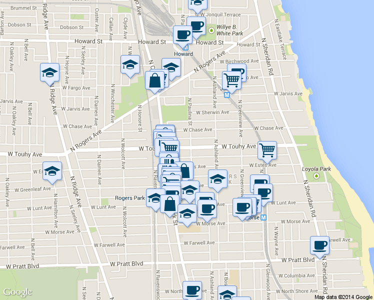 map of restaurants, bars, coffee shops, grocery stores, and more near 7115 North Paulina Street in Chicago