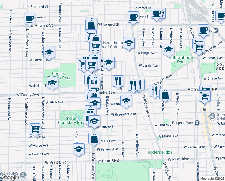 map of restaurants, bars, coffee shops, grocery stores, and more near 2221 West Touhy Avenue in Chicago