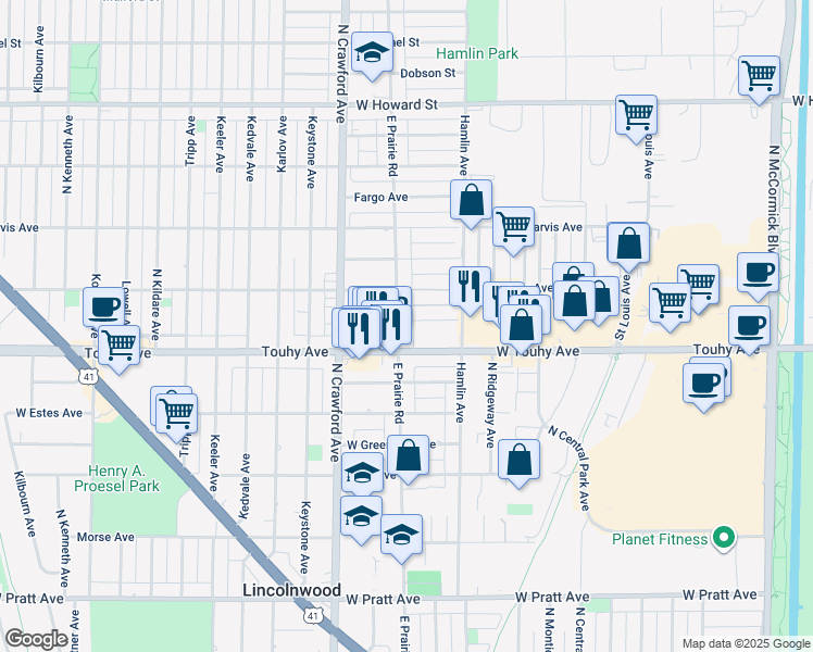 map of restaurants, bars, coffee shops, grocery stores, and more near 7203 East Prairie Road in Lincolnwood