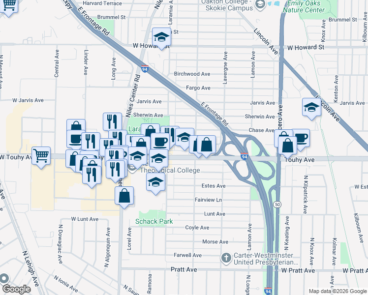 map of restaurants, bars, coffee shops, grocery stores, and more near 5130 West Touhy Avenue in Skokie