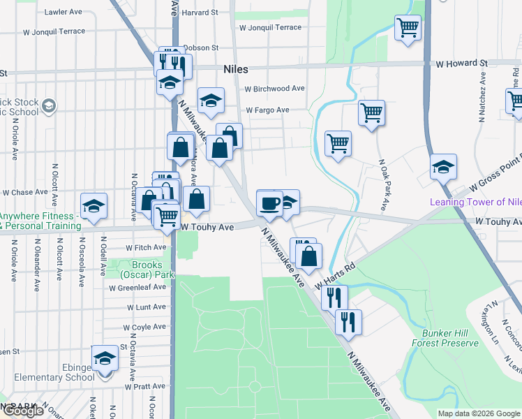 map of restaurants, bars, coffee shops, grocery stores, and more near 6980 West Touhy Avenue in Niles