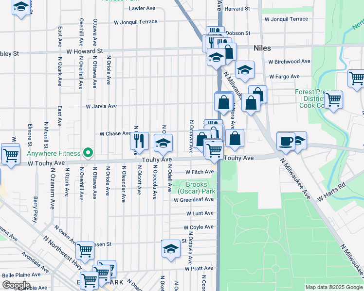 map of restaurants, bars, coffee shops, grocery stores, and more near 7320 West Touhy Avenue in Chicago