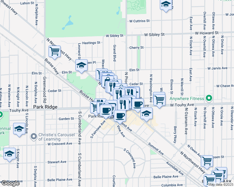 map of restaurants, bars, coffee shops, grocery stores, and more near 110 North Northwest Highway in Park Ridge