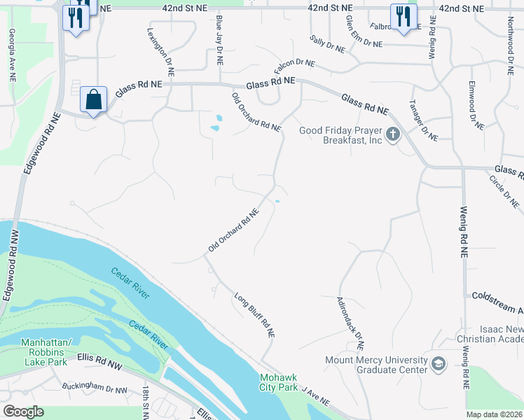 map of restaurants, bars, coffee shops, grocery stores, and more near 3018 Old Orchard Road Northeast in Cedar Rapids