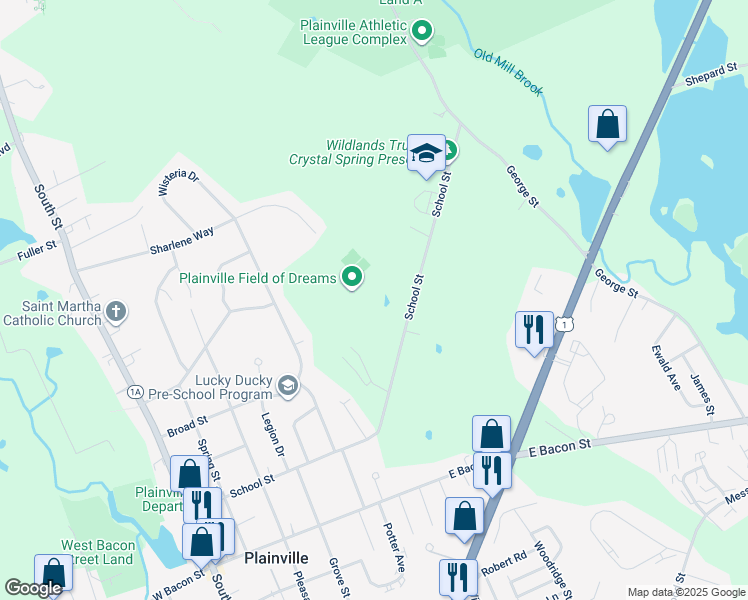 map of restaurants, bars, coffee shops, grocery stores, and more near in Plainville