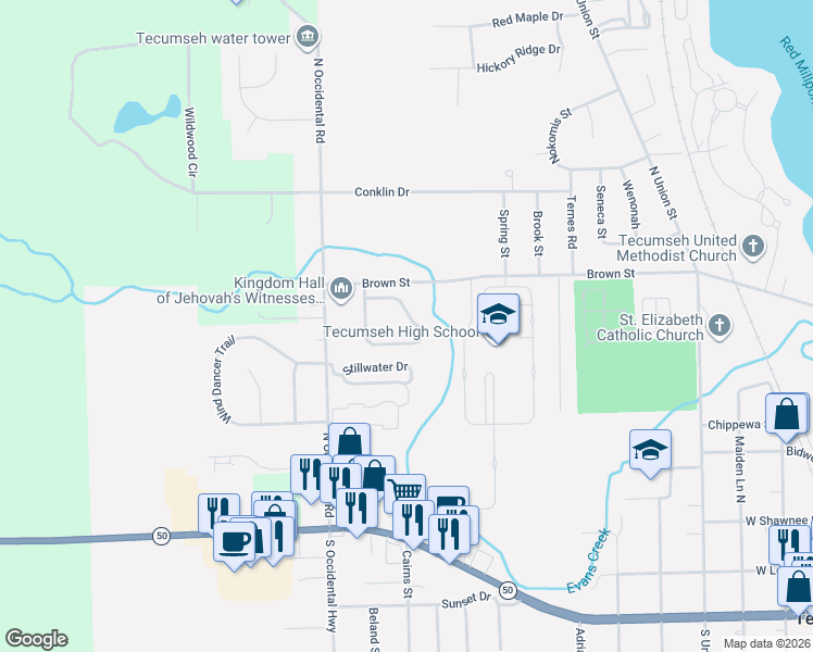 map of restaurants, bars, coffee shops, grocery stores, and more near 2203 Stillwater Drive in Tecumseh