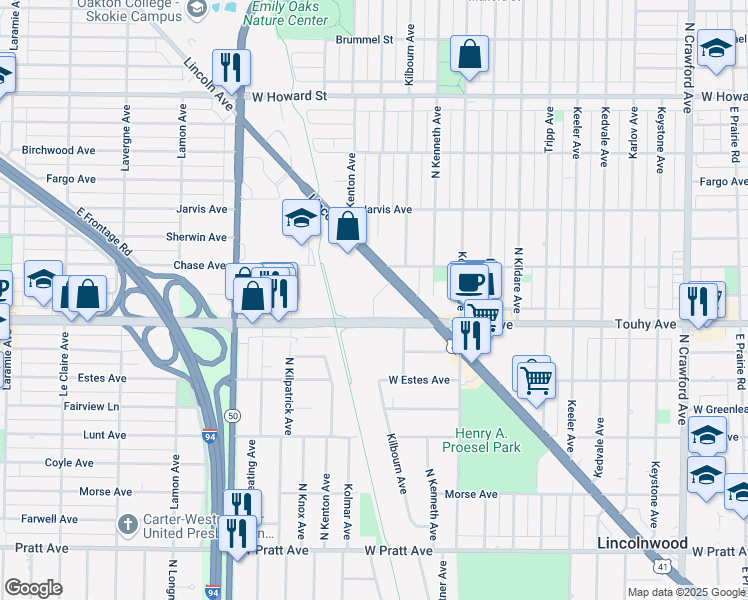 map of restaurants, bars, coffee shops, grocery stores, and more near in Lincolnwood