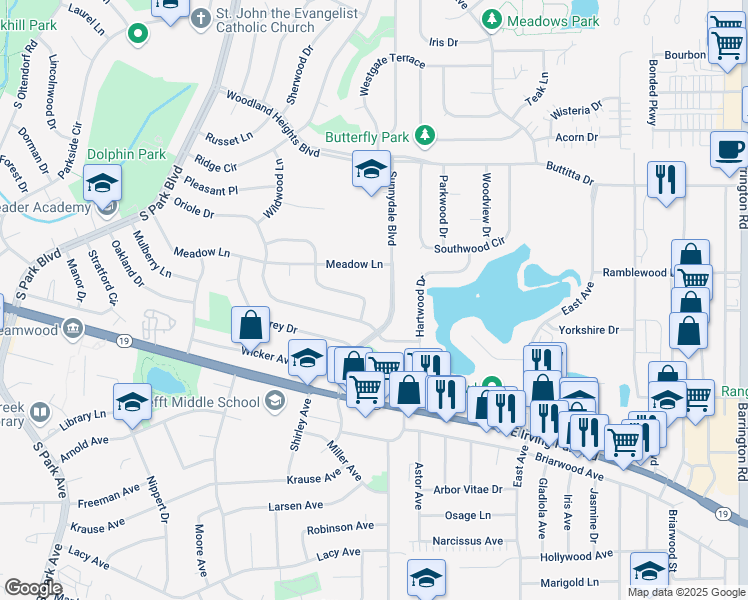 map of restaurants, bars, coffee shops, grocery stores, and more near 836 Sumac Drive in Streamwood