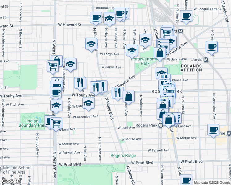 map of restaurants, bars, coffee shops, grocery stores, and more near 2038 Touhy Avenue in Chicago