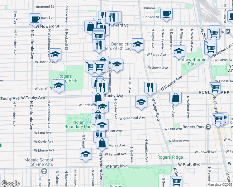 map of restaurants, bars, coffee shops, grocery stores, and more near 7128 North Oakley Avenue in Chicago