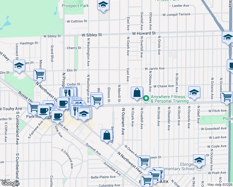 map of restaurants, bars, coffee shops, grocery stores, and more near 20 North Merrill Street in Park Ridge