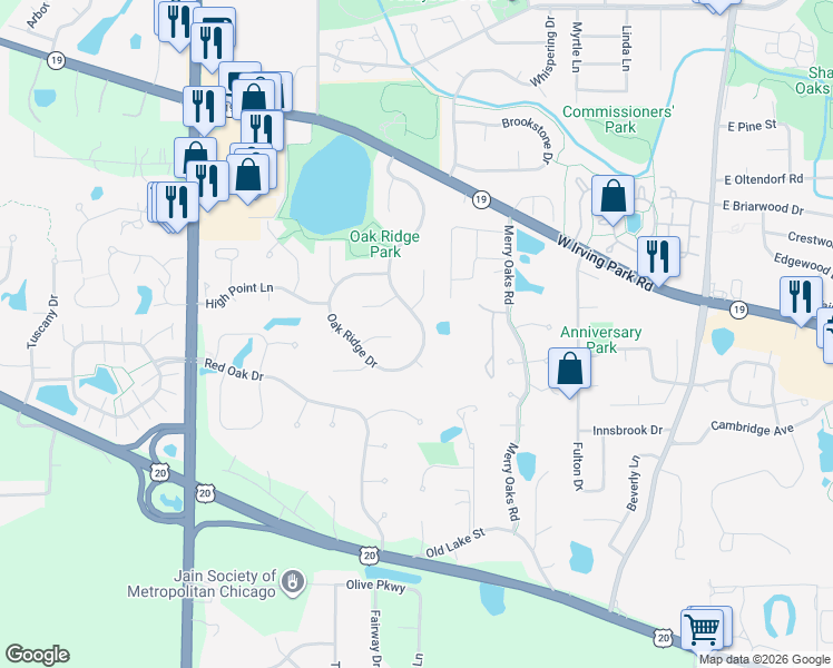 map of restaurants, bars, coffee shops, grocery stores, and more near 1113 Oak Ridge Drive in Streamwood