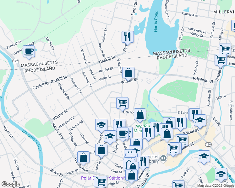map of restaurants, bars, coffee shops, grocery stores, and more near 24 Rebekah Street in Woonsocket