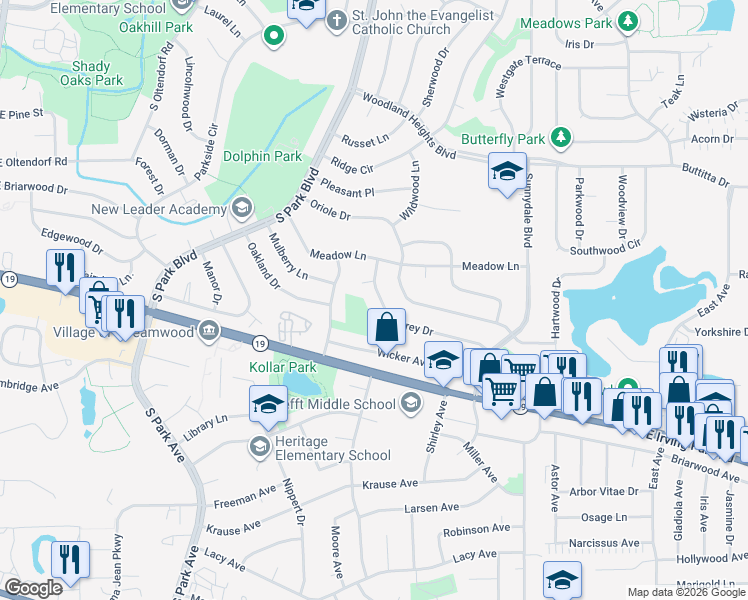map of restaurants, bars, coffee shops, grocery stores, and more near 1009 Vine Street in Streamwood