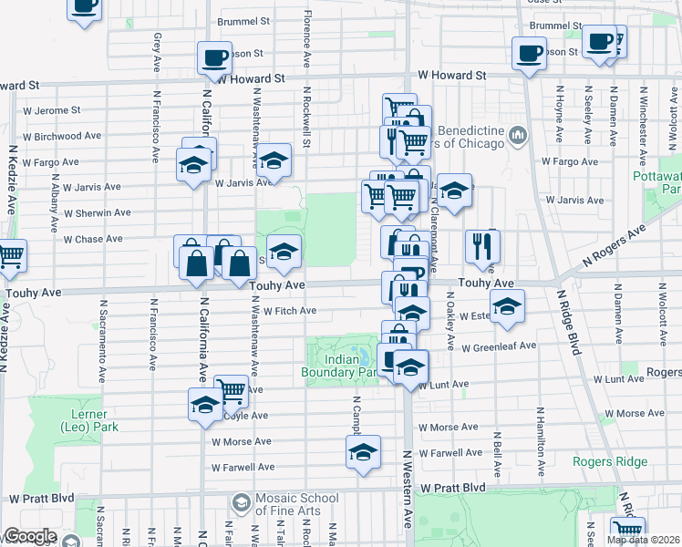 map of restaurants, bars, coffee shops, grocery stores, and more near 2501 West Touhy Avenue in Chicago