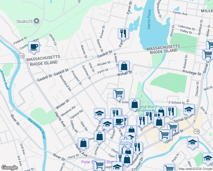 map of restaurants, bars, coffee shops, grocery stores, and more near 107 Rebekah Street in Woonsocket