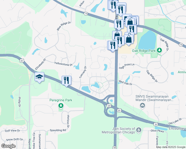 map of restaurants, bars, coffee shops, grocery stores, and more near 204 Southwicke Drive in Streamwood