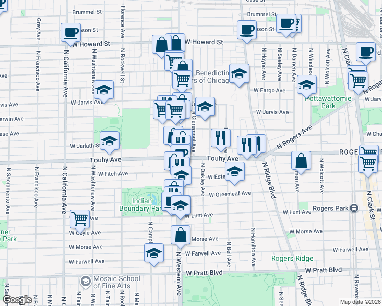 map of restaurants, bars, coffee shops, grocery stores, and more near 7128 North Oakley Avenue in Chicago