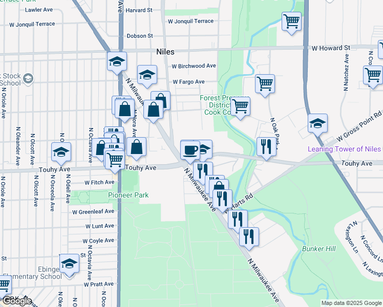 map of restaurants, bars, coffee shops, grocery stores, and more near in Niles