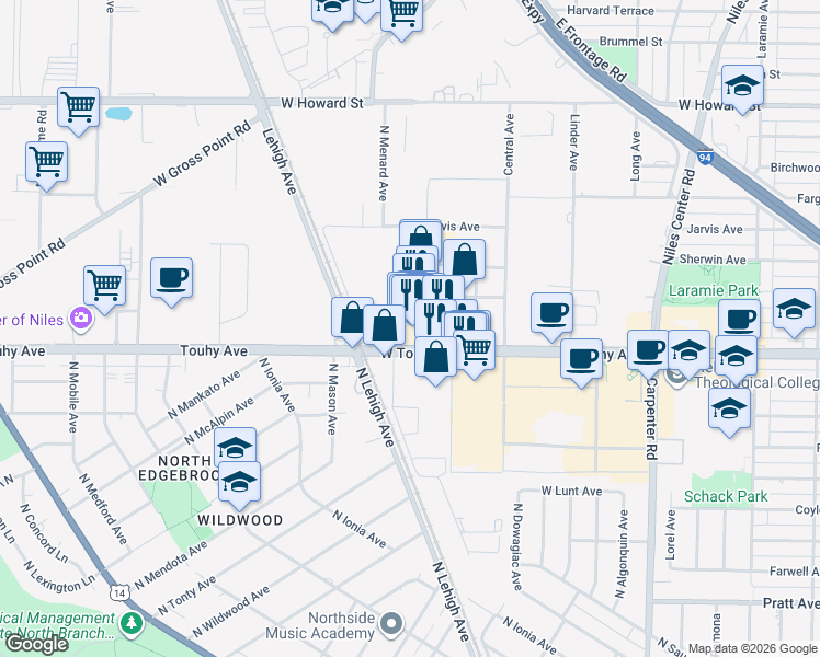 map of restaurants, bars, coffee shops, grocery stores, and more near 5700 West Touhy Avenue in Niles