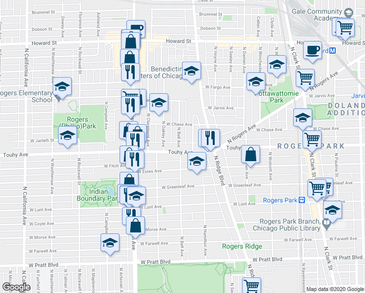 map of restaurants, bars, coffee shops, grocery stores, and more near 7211 North Bell Avenue in Chicago