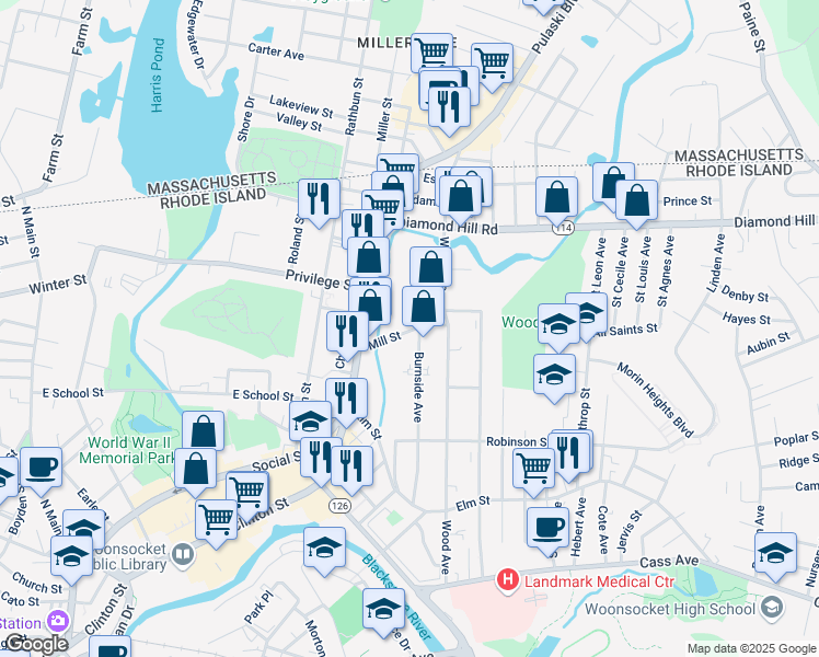 map of restaurants, bars, coffee shops, grocery stores, and more near 325 Burnside Avenue in Woonsocket