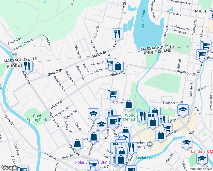 map of restaurants, bars, coffee shops, grocery stores, and more near 70 Phebe Street in Woonsocket