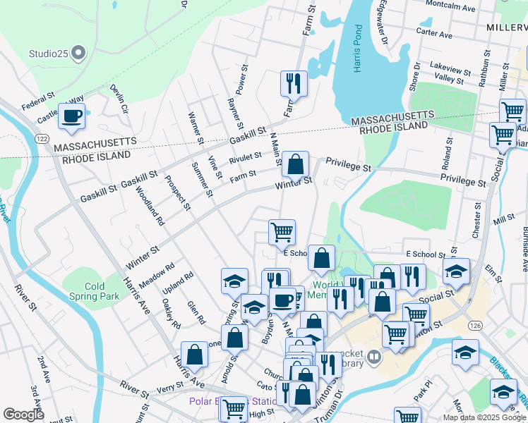 map of restaurants, bars, coffee shops, grocery stores, and more near 70 Phebe Street in Woonsocket