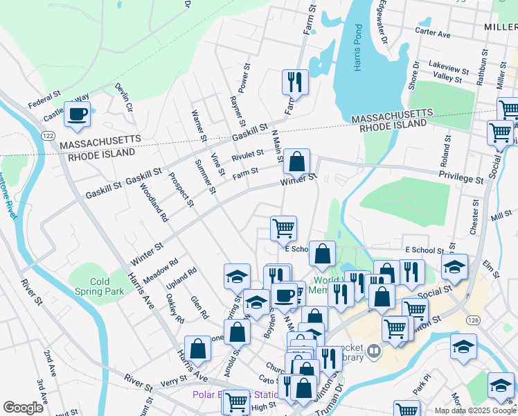 map of restaurants, bars, coffee shops, grocery stores, and more near 70 Phebe Street in Woonsocket