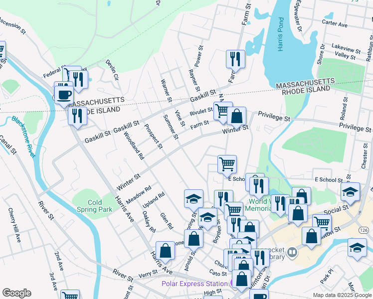 map of restaurants, bars, coffee shops, grocery stores, and more near 219 Summer Street in Woonsocket