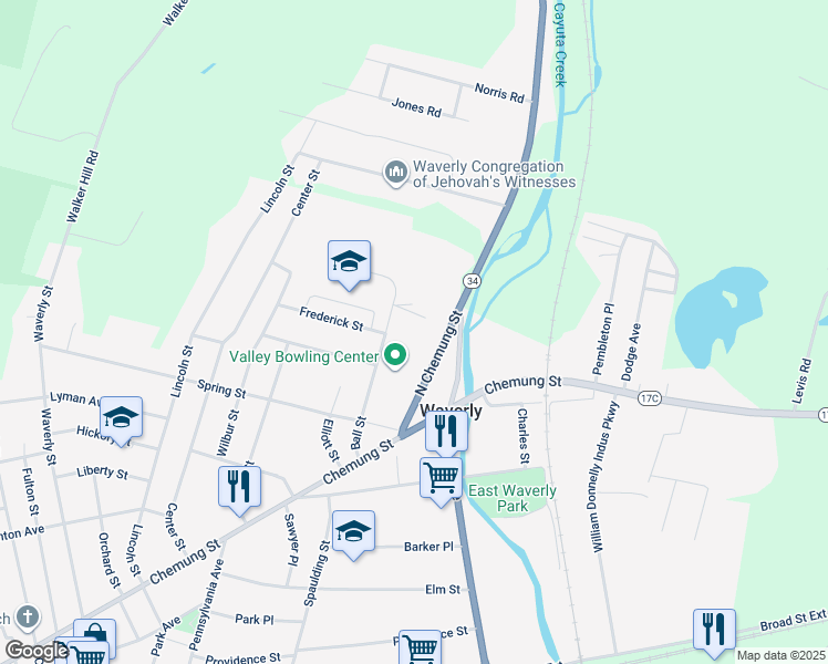 map of restaurants, bars, coffee shops, grocery stores, and more near 29 North Chemung Street in Waverly