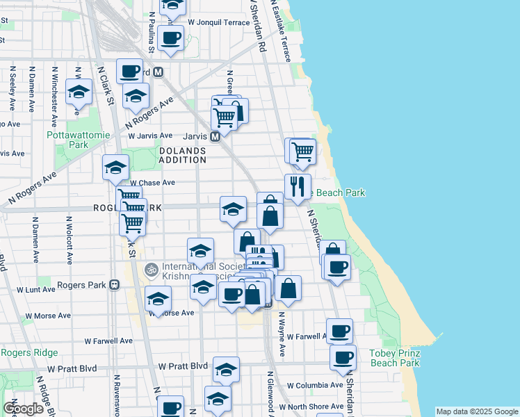 map of restaurants, bars, coffee shops, grocery stores, and more near 7107 North Glenwood Avenue in Chicago
