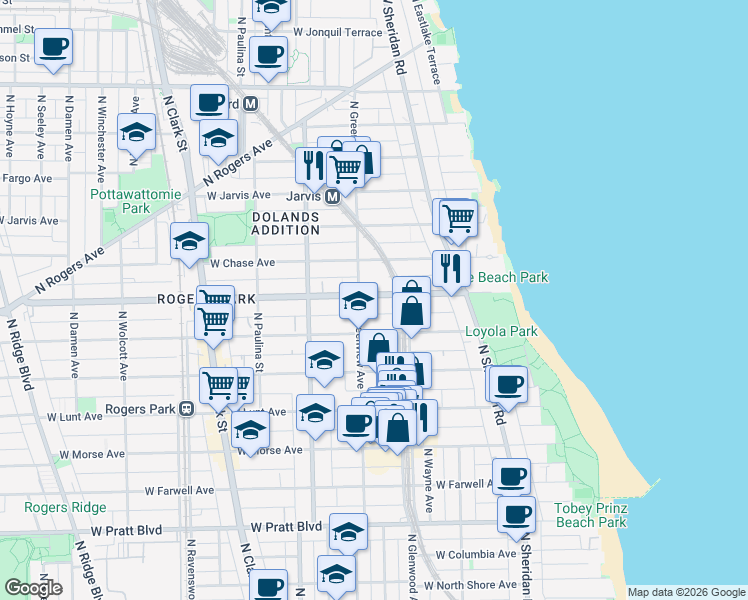 map of restaurants, bars, coffee shops, grocery stores, and more near 1446 West Estes Avenue in Chicago