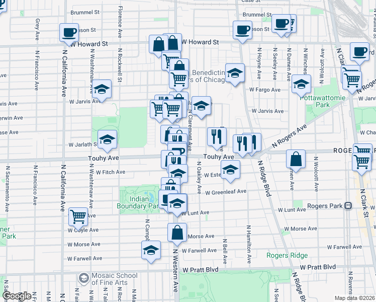 map of restaurants, bars, coffee shops, grocery stores, and more near 7128 North Oakley Avenue in Chicago