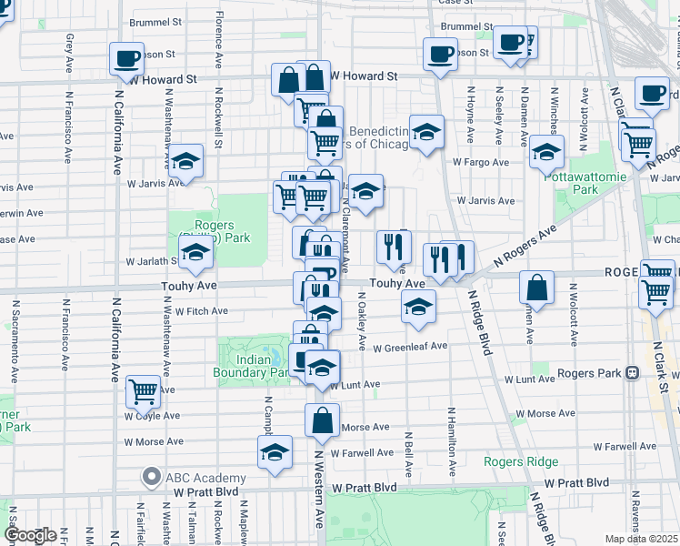map of restaurants, bars, coffee shops, grocery stores, and more near 7128 North Oakley Avenue in Chicago