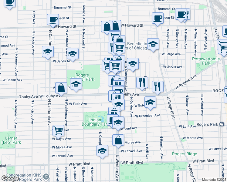 map of restaurants, bars, coffee shops, grocery stores, and more near 7137 North Western Avenue in Chicago