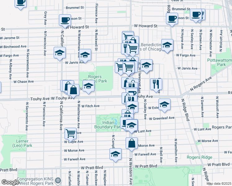 map of restaurants, bars, coffee shops, grocery stores, and more near 2427 West Touhy Avenue in Chicago