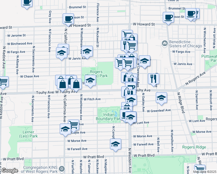 map of restaurants, bars, coffee shops, grocery stores, and more near 2501 West Touhy Avenue in Chicago
