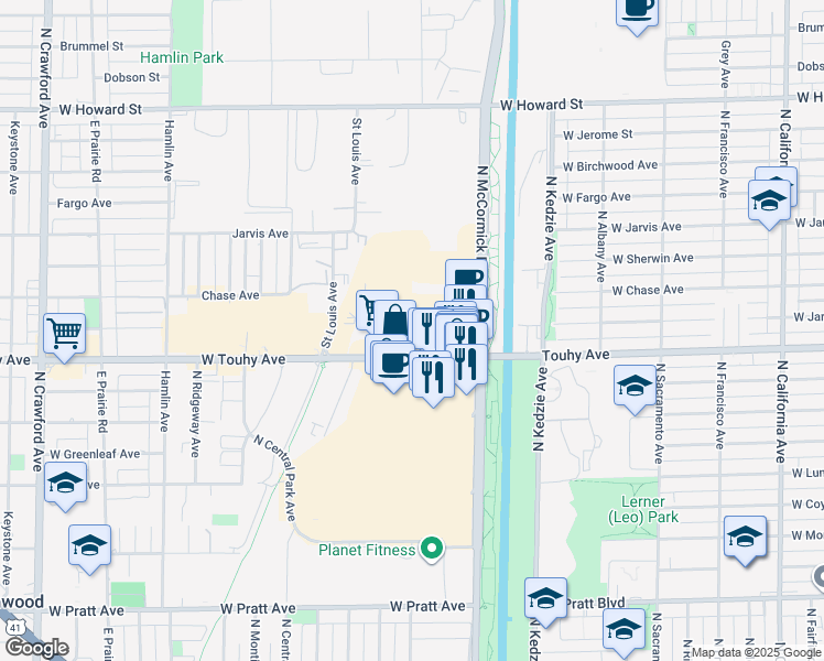 map of restaurants, bars, coffee shops, grocery stores, and more near in Skokie