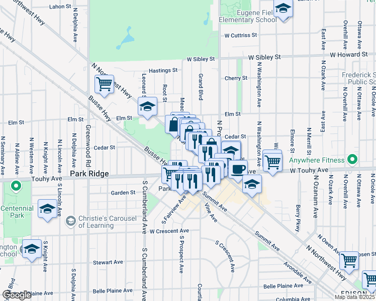 map of restaurants, bars, coffee shops, grocery stores, and more near 68 North Summit Avenue in Park Ridge
