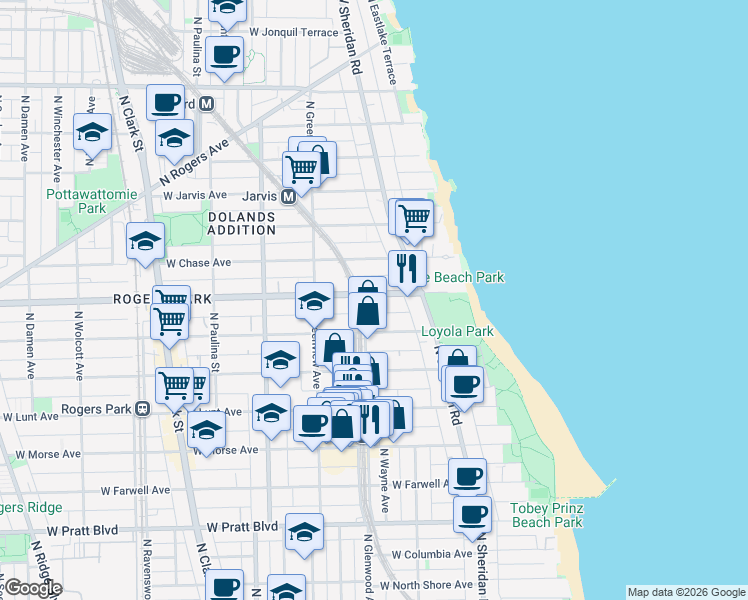 map of restaurants, bars, coffee shops, grocery stores, and more near 1351 West Touhy Avenue in Chicago